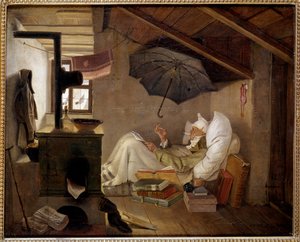 De arme dichter. Een oude man ligt in een zolderkamer. 1839 door Carl Spitzweg
