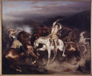 Koning Gustaaf II Adolf van Zweden bij de slag van Trzciana door Carl Wahlbom