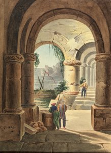 Uitzicht op de zee door een klooster, 1829