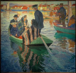 Kerkgangers in een boot