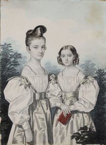 Portret van de zusters Anna Petrovna 1822-1905 en Elena Petrovna 1824-1860 Ushakov, 1830s door Carl von Hampeln