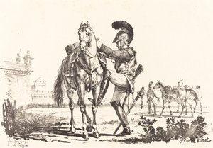 Carabinier die een paard bestijgt