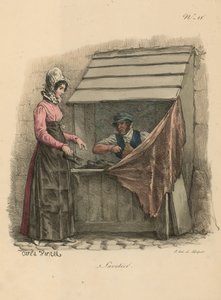 Schoenmaker zittend achter een kraam door Carle Vernet