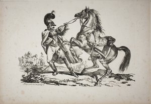 Cuirassier te Voet die zijn Steigerend Paard in Bedwang Houdt