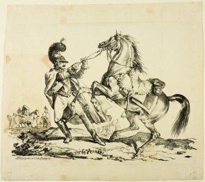 Cuirassier te Voet die Zijn Steigerend Paard Bedwingt door Carle Vernet