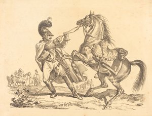 Cuirassier houdt zijn steigende paard in bedwang door Carle Vernet