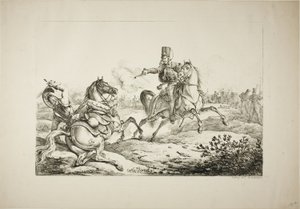 Huzaren die zijn Pistool Afvuurt op een Duitse Dragonder door Carle Vernet