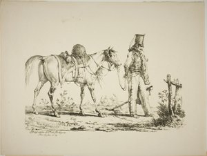 Huzaren lopen voor zijn paard, een pijp rokend