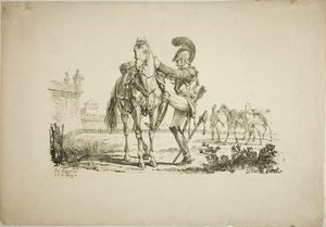 Schutter die een paard bestijgt