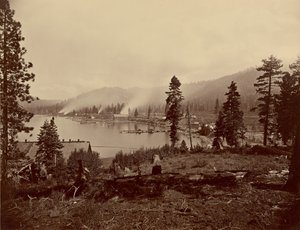 View of Gleenbrook [sic] Bay, Lake Tahoe, Showing Saw Mills, Breakwater and Steamers of Carson and Tahoe Lumber and Flume Co., also Lake Terminus of Lake Tahoe, N.G.R.R. door Carleton Watkins