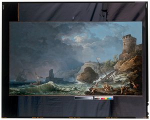 Een storm aan een rotsachtige kust