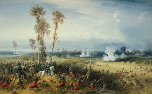 De oorlog in Italië: De slag bij Palestro, de koning van Sardinië aan het hoofd van de troepen, 1859