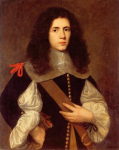 Portret van een jonge heer in een zwart gesneden wambuis