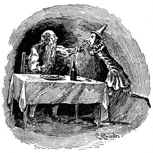 Illustratie van Pinokkio door Carlo Chiostri (1863-1939). De houten pop vindt zijn vader Gepetto in de buik van de haai die hen heeft ingeslikt
