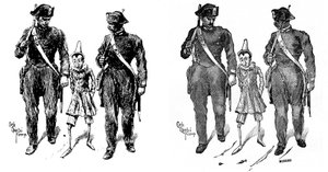 Pinocchio door Carlo Chiostri (1863-1939), een van de eerste Italiaanse illustratoren van het werk van Collodi (Carlo Lorenzini). Twee gendarmes nemen de houten pop mee. Het beeld links is Chiostri
