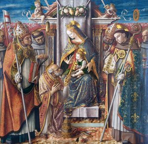 Duits: Tronende Madonna met het kind, de overhandiging van de sleutels aan Sint-Petrus de Apostel en met Sint-Jan Capistranus, Sint-Emidius, Sint-Franciscus, Sint-Louis van Toulouse, de zalige Giacomo della Marca en een bisschop Tronende Madonna met het ki door Carlo Crivelli