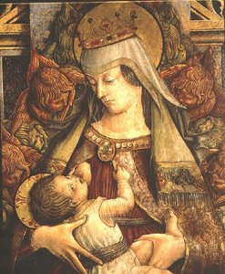 Madonna die haar kind voedt (detail) door Carlo Crivelli