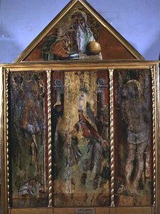 Madonna en kind met heiligen, het eerste drieluik van Valle Castellamo door Carlo Crivelli