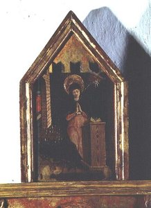De Annunciatie, detail van het San Silvestro polyptiek door Carlo Crivelli