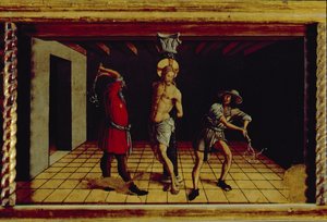 De geseling van Christus, centraal rechter predella paneel van het San Silvestro polyptiek, 1468 door Carlo Crivelli