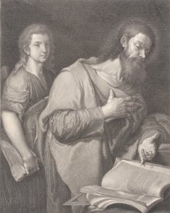 Sint Mattheüs, staand voor een boek rechts met een hand op zijn borst, een andere man be..., 1750-84