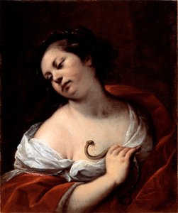De zelfmoord van Cleopatra De koningin van Egypte Cleopatra VII Thea Philopator (69-30 v.Chr.) pleegt zelfmoord door gebeten te worden door een adder (zelfmoord van Cleopatra) Schilderij door Carlo Francesco Nuvolone (ca. 1609-1662)