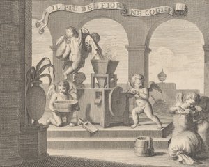 Zij verzamelt de mooiste bloem Il più bel fior ne coglie, een groep van zes putti aan het werk..., 1740-59
