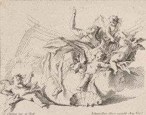 Rijkdom, vertegenwoordigd door een vrouw zittend op wolken en omringd door putti, een van hen is..., 1725-75