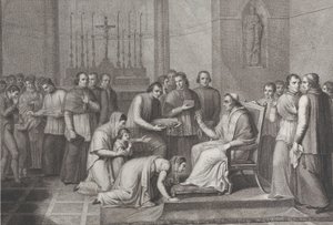 Een vrouw knielt om de voet van Paus Pius VII te kussen, met een menigte achter haar links, 1814-50