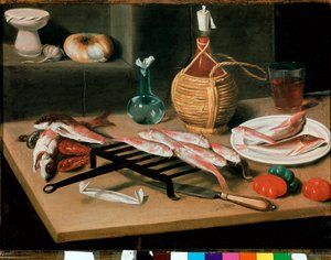 Stilleven tafel met gegrilde vis (mullet) en fles wijn. Schilderij door Carlo Magini (1720-1806). Faenza, Pinacoteca comunale