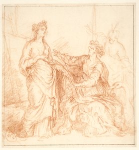Allegorische compositie met drie vrouwelijke figuren voor een schilderij op een ezel, een met een masker aan haar voeten, een andere vergezeld door een zwaan