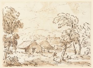 Tekening, Een boerenwoning en een kasteel in een bergachtig landschap, 1762-1786 door Carlo Marchionni