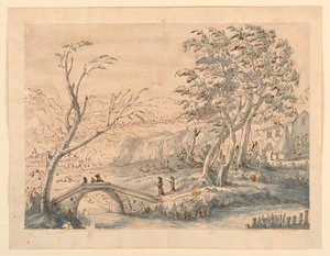 Tekening, Landschap met brug, 1770-1786 door Carlo Marchionni