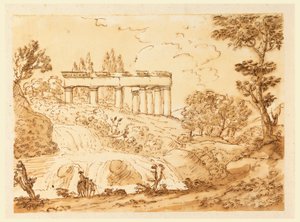 Tekening, Landschap met tempelruïnes, 1770-1786 door Carlo Marchionni