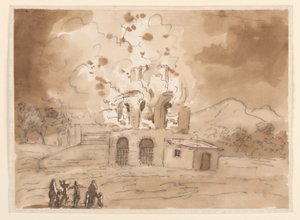 Tekening, Landschap met een brandende toren, ca. 1780 door Carlo Marchionni