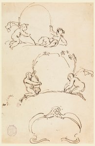 Tekening, Drie schetsen van cartouches, voor 1775 door Carlo Marchionni