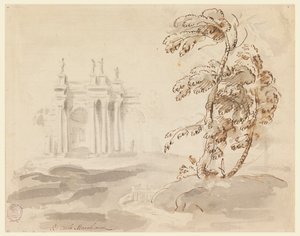 Tekening, Boom in landschap met gebouw, 1756-78 door Carlo Marchionni