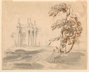 Tekening, Boom in landschap met gebouw, 1756-78 door Carlo Marchionni