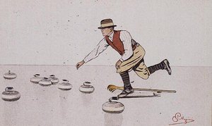 Man die een steen werpt in een curlingwedstrijd