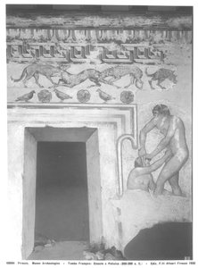 Marce Camitlnas en Cneve Tarchunies Rumach, reconstructie van de Etruskische muurschildering in het Francois-graf in Vulci