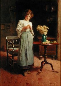 Meisje in een huisje bij een tafel en stoel door Carlton Alfred Smith
