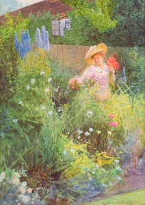 Dame die bloemen plukt in een landelijke tuin