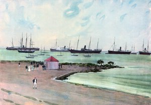 Gevangen Spaanse schepen voor anker in Man-of-War Harbor, Key West. Uitzicht vanaf de Esplanade bij de Amerikaanse legerkazerne