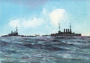 De Indiana en New York Geflankeerd en Bewaakt door Torpedoboten en Kruisers
