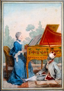 Portret van juffrouw Desgots van Saint Domingue aan het klavecimbel en haar slaaf Laurent