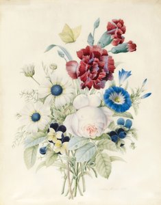 Een boeket bloemen inclusief een roos, een blauwe winde en viooltjes, 1830