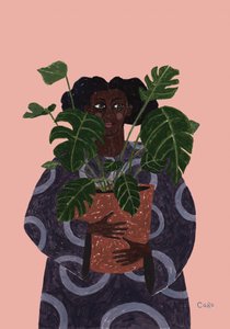 Vrouw met een monstera-plant door Caroline Roberts