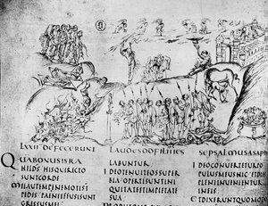 Illustratie van verschillende scènes uit een van de Psalmen, uit de Utrechtse Psalter, kopie van het origineel uit Reims nu in de Universiteitsbibliotheek Utrecht door Carolingian School