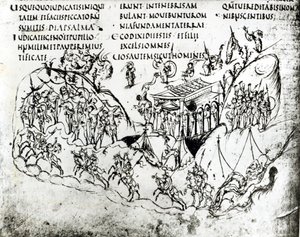 Verschillende scènes die een psalm illustreren, uit de Utrechtse Psalter, kopie van het origineel uit Reims nu in de Universiteitsbibliotheek Utrecht door Carolingian School