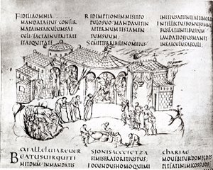 Verschillende scènes die een psalm illustreren, uit de Utrechtse Psalter, kopie van het origineel uit Reims nu in de Universiteitsbibliotheek Utrecht door Carolingian School